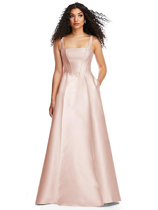 Boned Corset Closed-Back Satin Gown with Full Skirt and Pockets