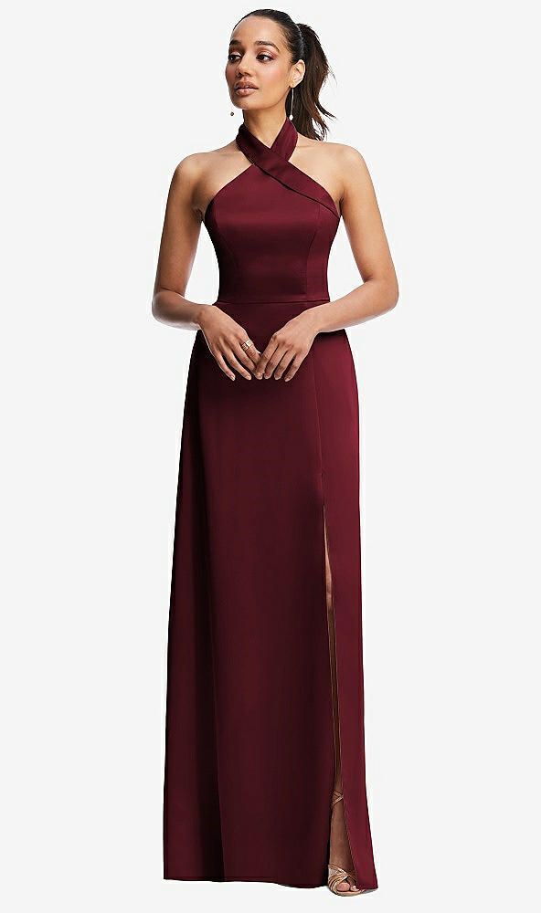 Front View - Cabernet Shawl Collar Open-Back Halter Maxi Dress with Pockets