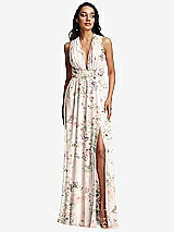 Front View Thumbnail - Blush Garden Shirred Deep Plunge Neck Closed Back Chiffon Maxi Dress 