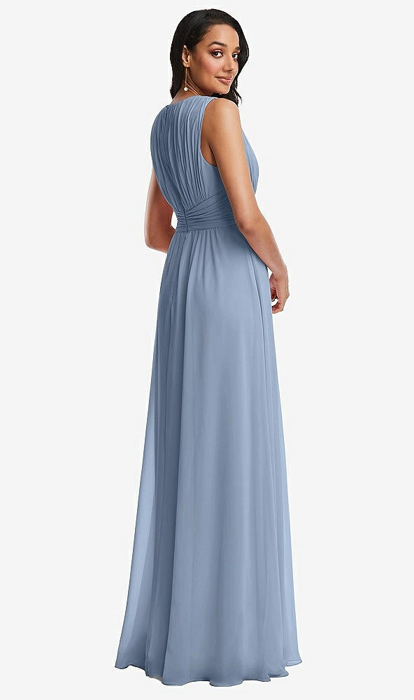 Back View - Cloudy Shirred Deep Plunge Neck Closed Back Chiffon Maxi Dress 