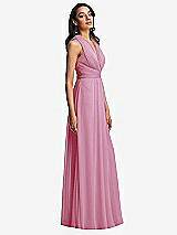 Side View Thumbnail - Powder Pink Shirred Deep Plunge Neck Closed Back Chiffon Maxi Dress 