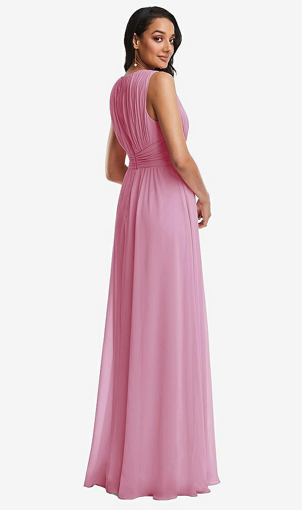 Back View - Powder Pink Shirred Deep Plunge Neck Closed Back Chiffon Maxi Dress 