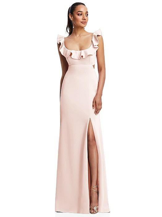 Ruffle-Trimmed Neckline Cutout Tie-Back Trumpet Gown