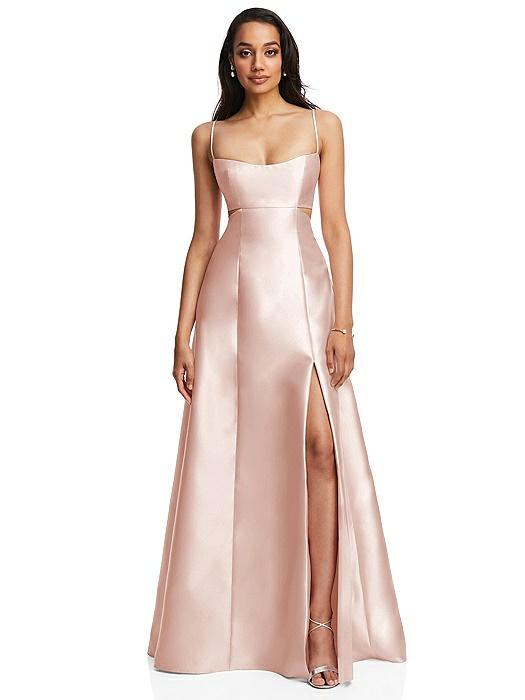 Open Neckline Cutout Satin Twill A-Line Gown with Pockets