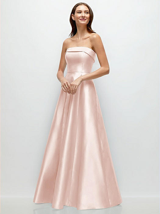 Strapless Bias Cuff Bodice Satin Gown with Pockets