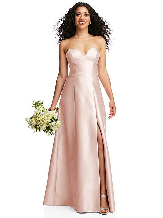 Strapless Bustier A-Line Satin Gown with Front Slit