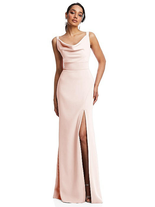 Cowl-Neck Wide Strap Crepe Trumpet Gown with Front Slit