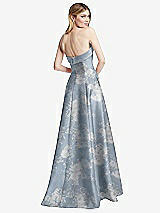 Rear View Thumbnail - Porcelain Blue Seraphina Floral Strapless Bias Cuff Bodice Floral Satin Gown with Pockets