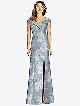 Front View Thumbnail - Porcelain Blue Seraphina Floral Off-the-Shoulder Cuff Floral Trumpet Gown with Front Slit