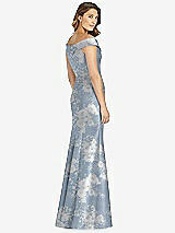 Rear View Thumbnail - Porcelain Blue Seraphina Floral Off-the-Shoulder Cuff Floral Trumpet Gown with Front Slit