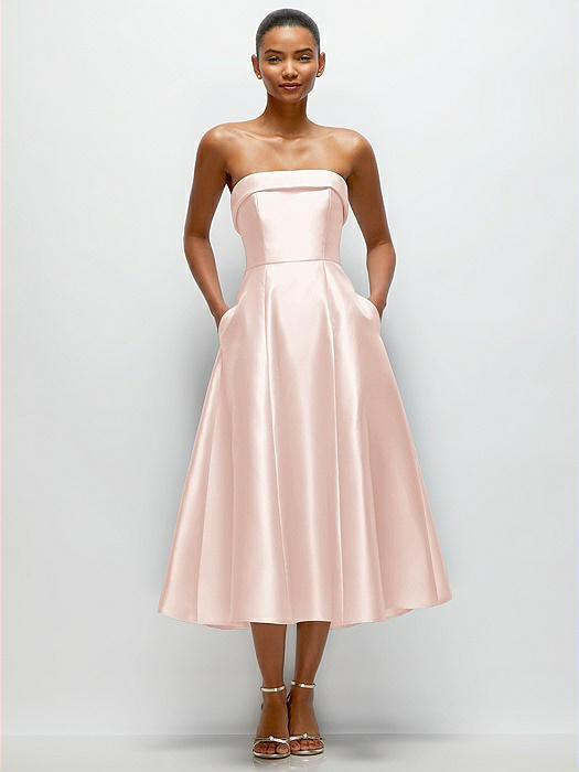 Cuffed Strapless Satin Twill Midi Dress with Full Skirt and Pockets