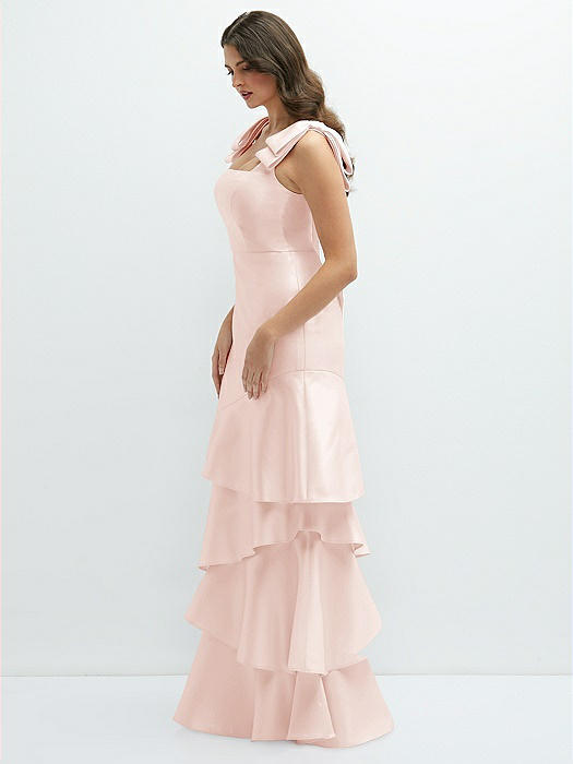 Bow-Shoulder Satin Maxi Dress with Asymmetrical Tiered Skirt