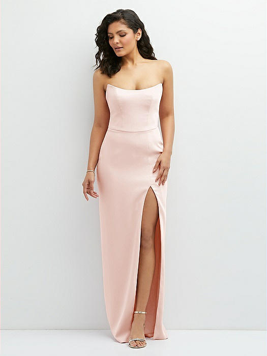 Sleek Strapless Crepe Column Dress with Cut-Away Slit