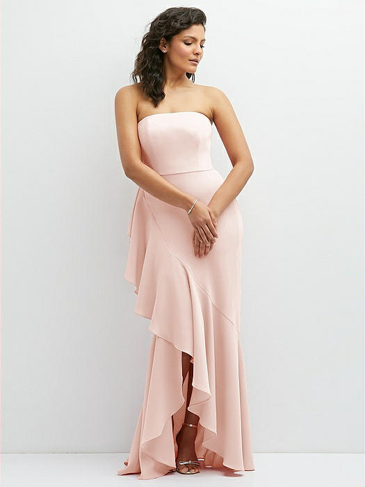 Strapless Crepe Maxi Dress with Ruffle Edge Bias Wrap Skirt