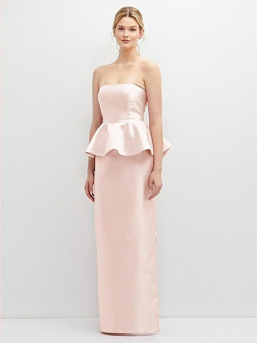 Strapless Satin Maxi Dress with Cascade Ruffle Peplum Detail