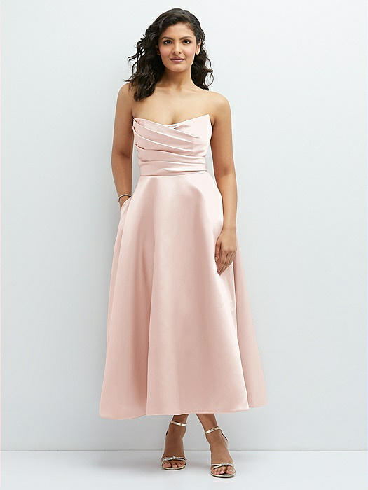 Draped Bodice Strapless Satin Midi Dress with Full Circle Skirt