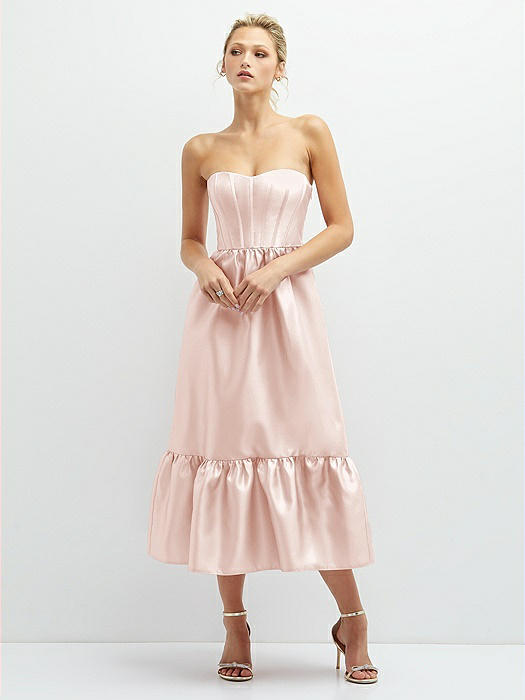 Strapless Satin Midi Corset Dress with Lace-Up Back & Ruffle Hem