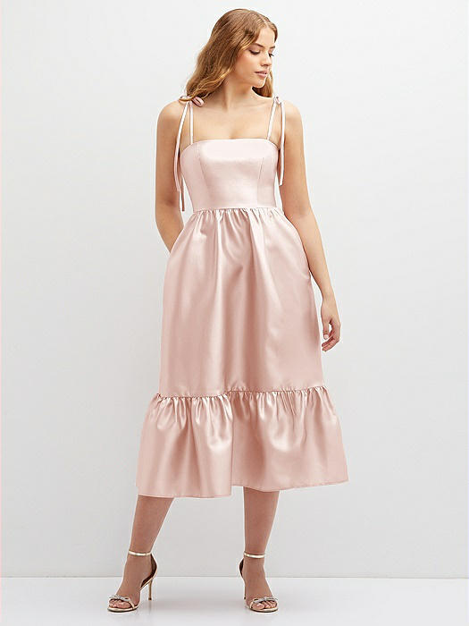 Shirred Ruffle Hem Midi Dress with Self-Tie Spaghetti Straps and Pockets