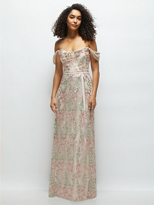 Off-the-Shoulder A-line Floral Embroidered Dress with Skinny Tie Sash