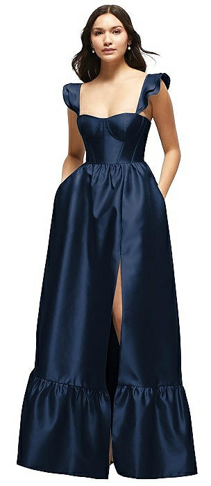 Satin Corset Maxi Dress with Ruffle Straps & Skirt