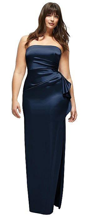 Strapless Draped Skirt Satin Maxi Dress with Cascade Ruffle