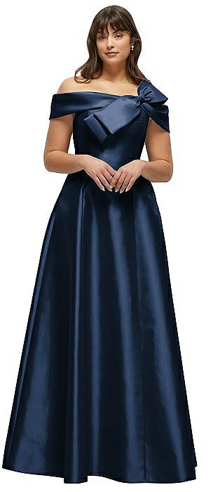 Asymmetrical Bow Off-Shoulder Satin Gown with Ballroom Skirt