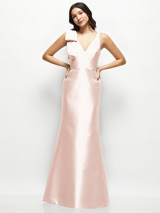 Deep V-back Satin Trumpet Dress with Cascading Bow at One Shoulder