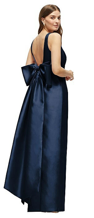 Scoop Neck Corset Satin Maxi Dress with Floor-Length Bow Tails