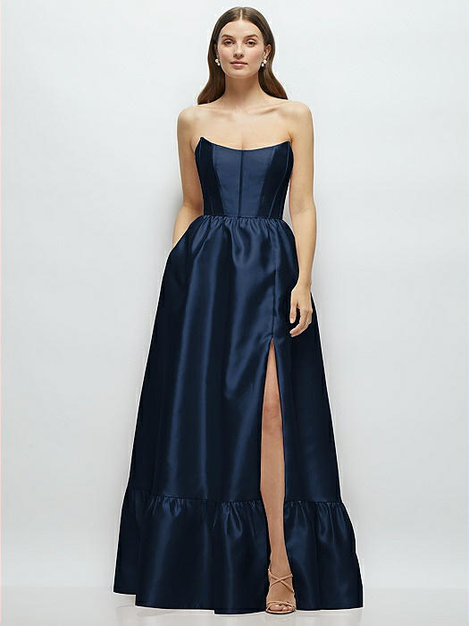 Strapless Cat-Eye Boned Bodice Maxi Dress with Ruffle Hem