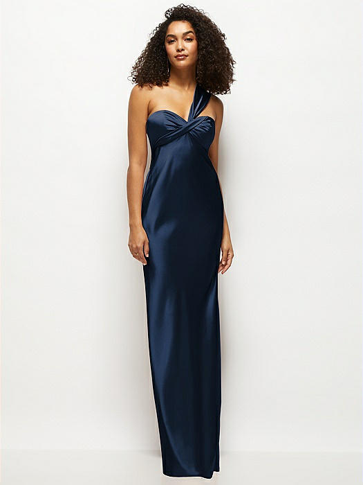 Satin Twist Bandeau One-Shoulder Bias Maxi Dress