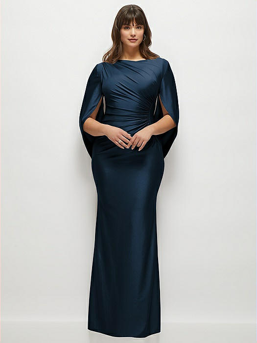 Draped Stretch Satin Maxi Dress with Built-in Capelet