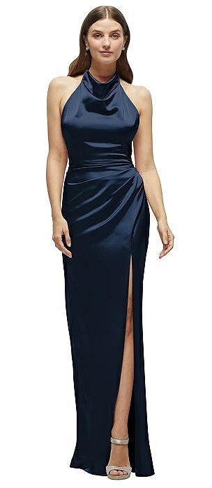 Cowl Halter Open-Back Satin Maxi Dress