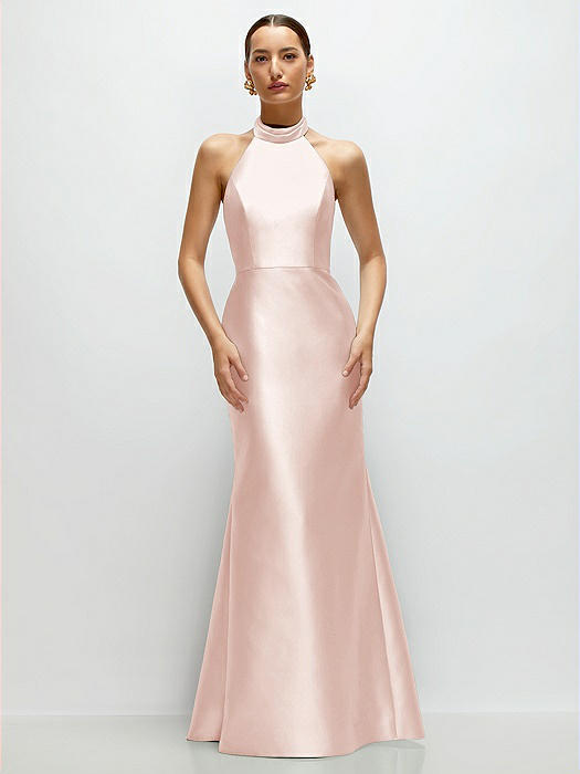 High-Neck Halter Open-Back Satin Trumpet Dress 