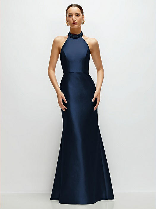 High-Neck Halter Open-Back Satin Trumpet Dress 