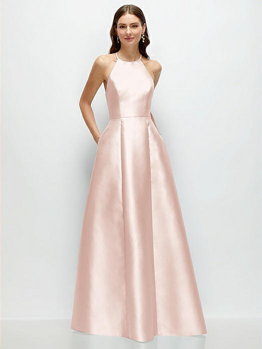 Jewel Neck Halter Full A-Line Satin Maxi Dress