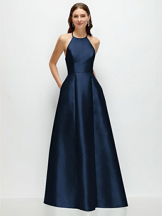 Jewel Neck Halter Full A-Line Satin Maxi Dress