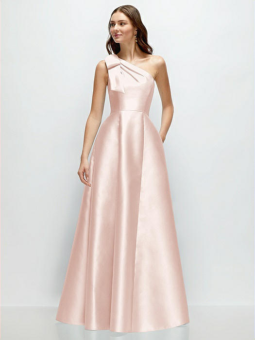 Bow One-Shoulder Full A-Line Satin Maxi Dress