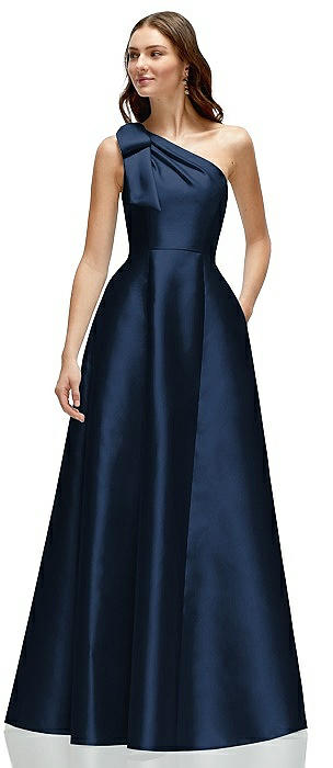 Bow One-Shoulder Full A-Line Satin Maxi Dress