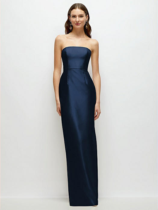 Strapless Satin Column Dress with Back Slit