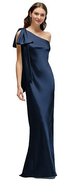 One-Shoulder Bias-Cut Satin Maxi Dress with Cascading Shoulder Bow