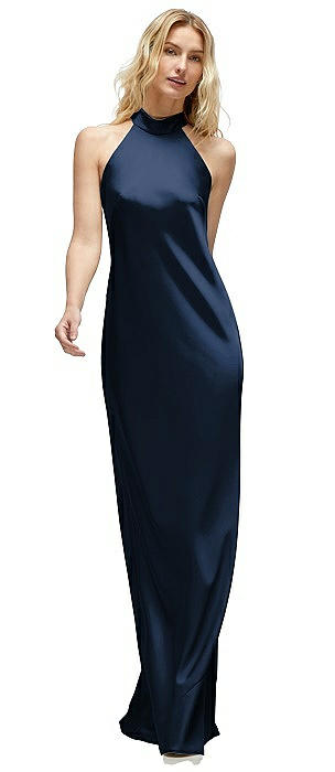 Stand Collar Bias Satin Maxi Dress with Self-Tie Bow Back