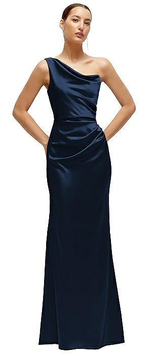 One-Shoulder Cat-Eye Neckline Fit and Flare Satin Maxi Dress