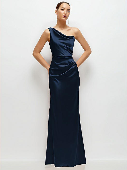 One-Shoulder Cat-Eye Neckline Fit and Flare Satin Maxi Dress