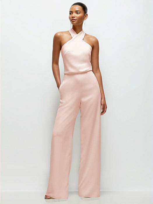 Pleated Halter Blouson Crepe Wedding Jumpsuit with Self-Tie Bow Back