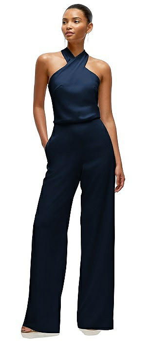 Pleated Halter Blouson Crepe Wedding Jumpsuit with Self-Tie Bow Back