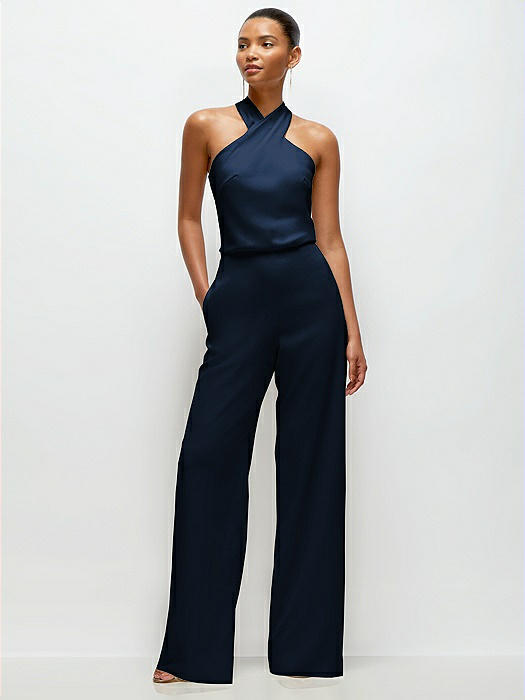 Pleated Halter Blouson Crepe Wedding Jumpsuit with Self-Tie Bow Back