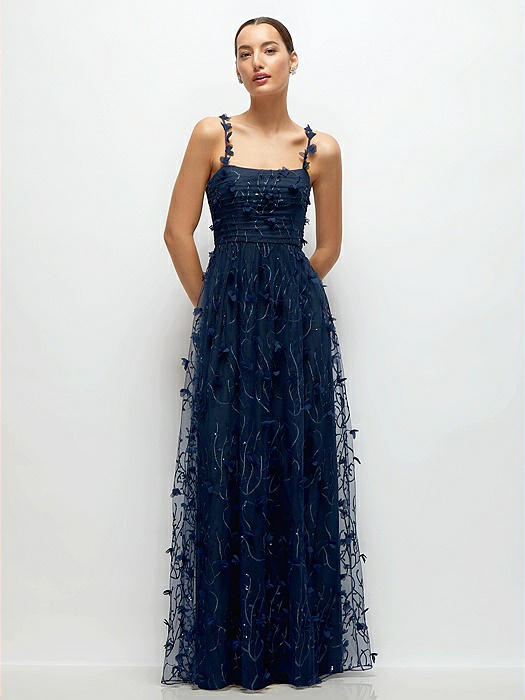 Shirred 3D Sequin Embroidery Floral Maxi Dress with Petal-Adorned Straps