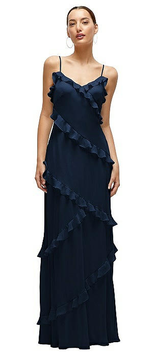 Asymmetrical Ruffle Chiffon Bias Slip Maxi Dress