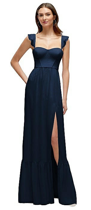 Ruffle Strap Chiffon Bustier Maxi Dress with Ruffle Hem A-Line Skirt