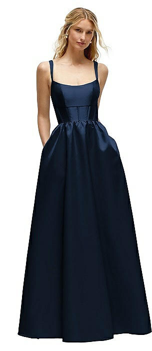 Scoop Neck Inset Corset Satin Maxi Dress with Pockets